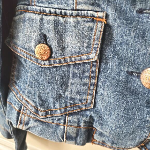 Y2K XOXO Women Denim Floral Embroidered Jacket Blazer S M Boho Phoebe Artsy - Picture 12 of 13